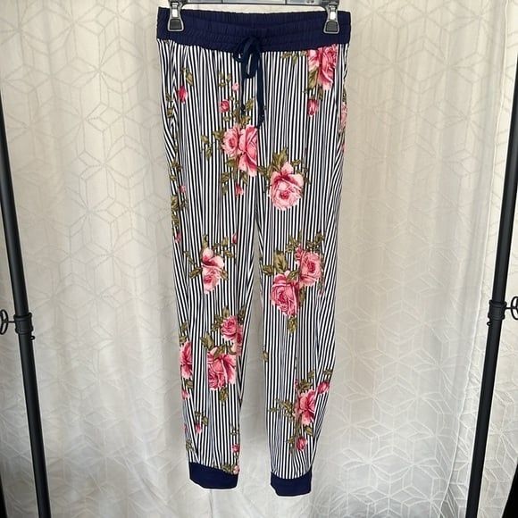 See You Monday Striped Casual Comfy Stripe Floral Jogger Pants - Picture 1 of 5